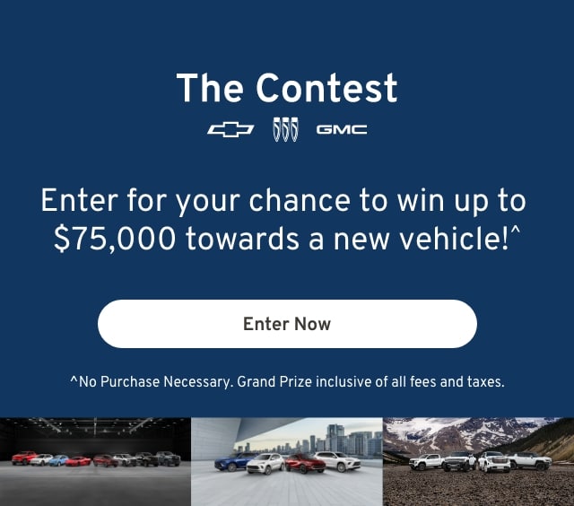 Contest banner offering up to $75,000 towards a new Chevrolet, Buick, or GMC vehicle.