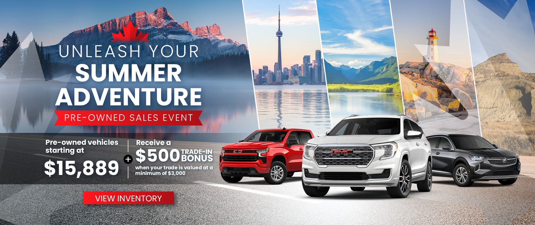 Pre-owned sales event poster showcasing cars and scenic landscapes, featuring deals starting at $15,889 and trade-in bonuses.
