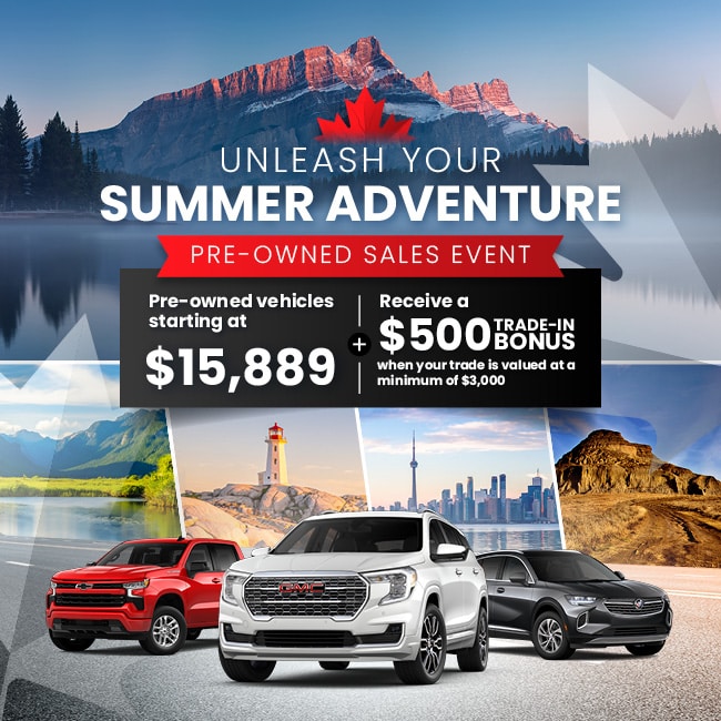 Summer adventure sale promotion for pre-owned vehicles from $15,889 with a $500 trade-in bonus.