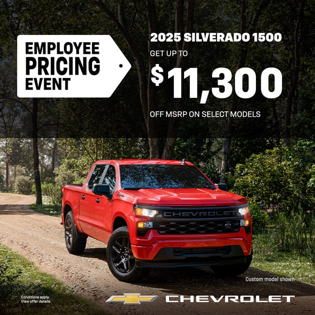 Red 2025 Chevrolet Silverado 1500 truck with $11,300 off MSRP offer during employee pricing event.
