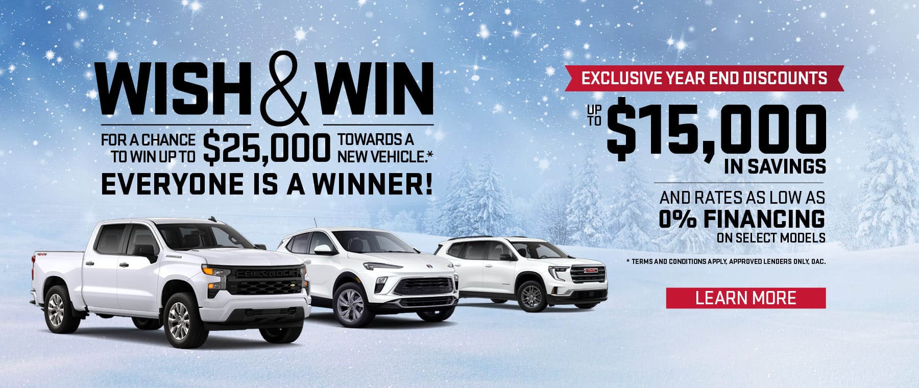 Car dealership promotion offers up to $25,000 off new vehicles, 0% financing, and year-end discounts. Snowy background.