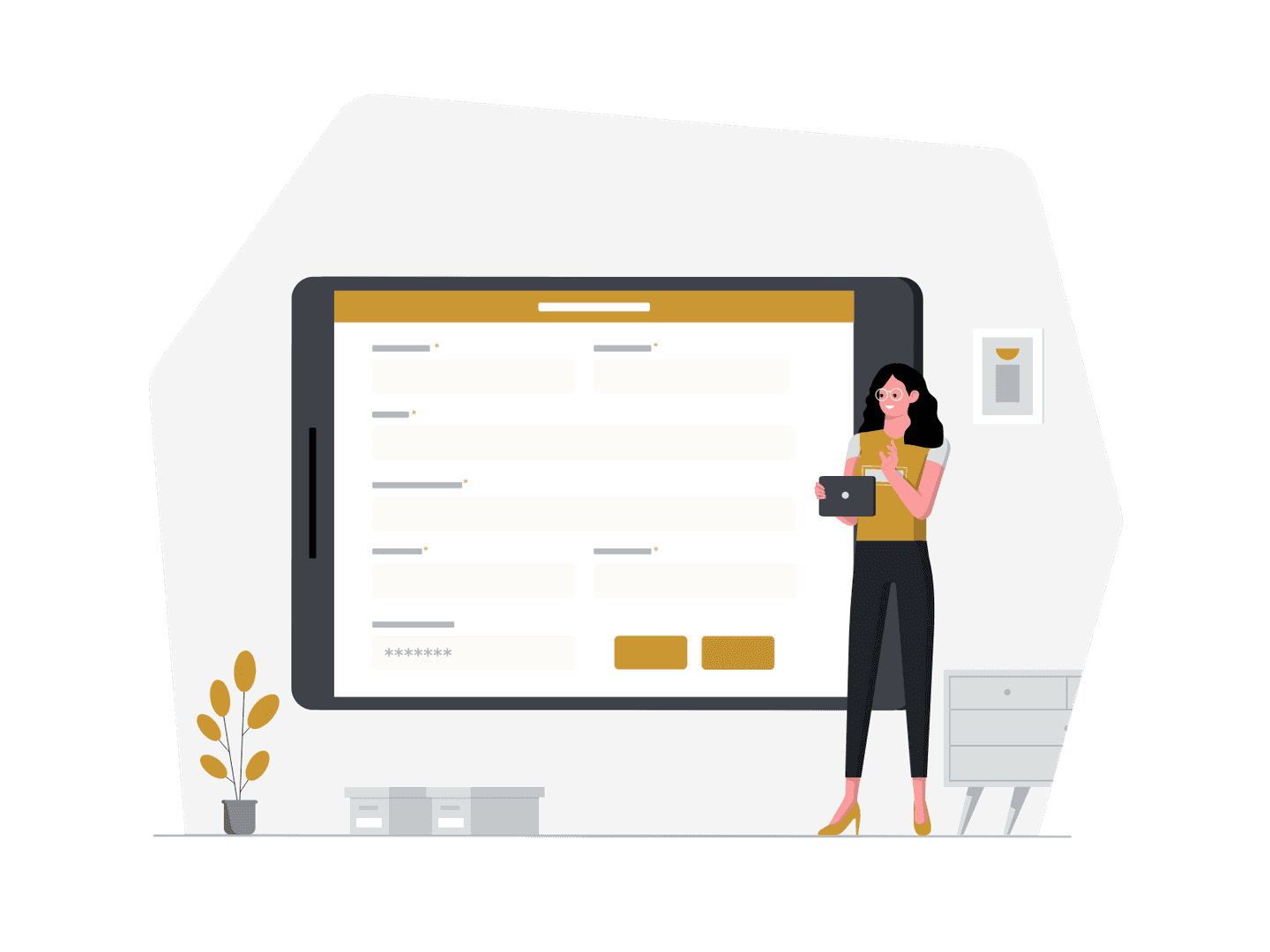 The image shows a woman presenting on a tablet, with a presentation displayed on the tablet screen. The presentation seems to be a form with multiple fields.