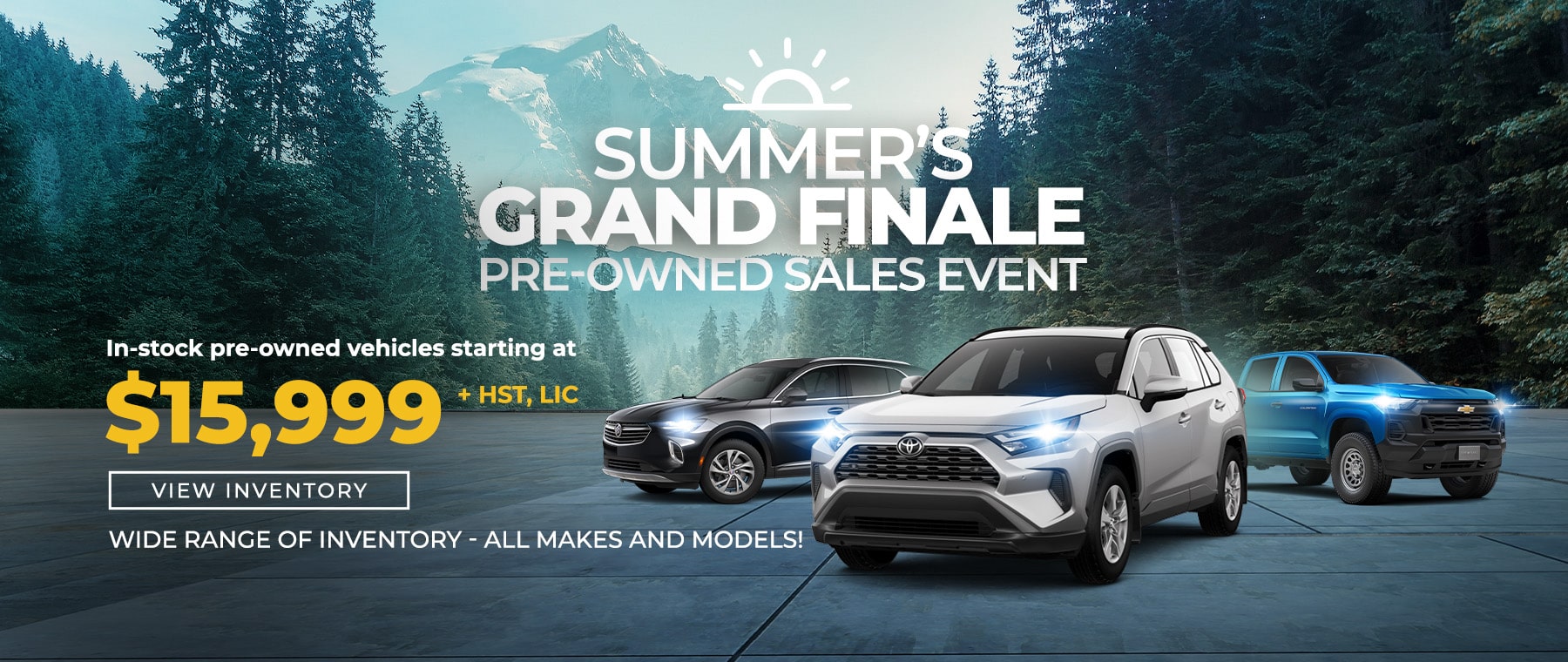 Pre-owned sales event poster showcasing cars and scenic landscapes, featuring deals starting at $15,889 and trade-in bonuses.