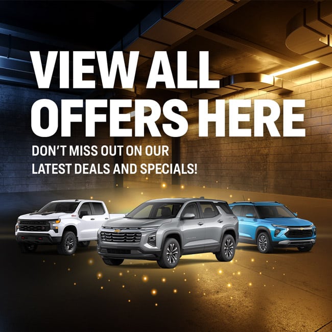 Car dealership ad featuring three vehicles and text: "View all offers here. Don’t miss out on deals and specials."