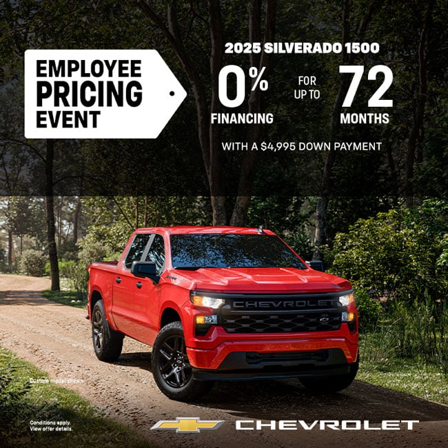 Red 2025 Chevrolet Silverado 1500 truck with $11,300 off MSRP offer during employee pricing event.