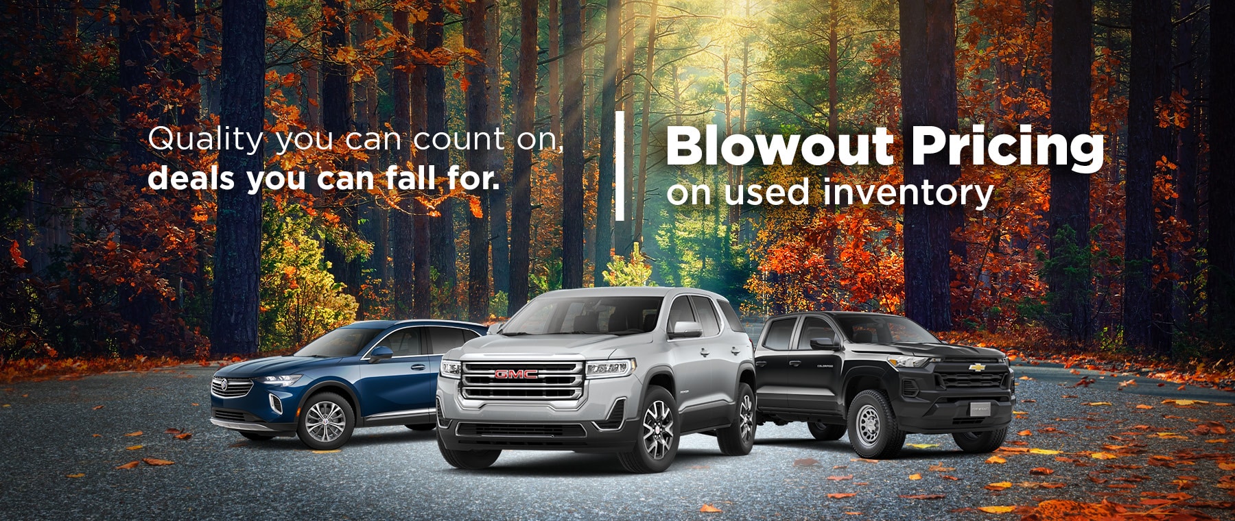 Pre-owned sales event poster showcasing cars and scenic landscapes, featuring deals starting at $15,889 and trade-in bonuses.