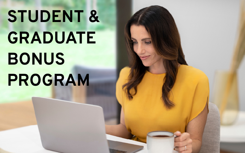 Woman in yellow using laptop, holding coffee, with "Student & Graduate Bonus Program" text.