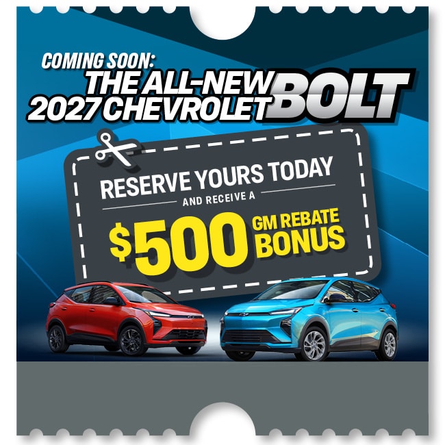 Promo for 2027 Chevrolet Bolt. Reserve now for a $500 GM rebate bonus. Red and blue cars featured.