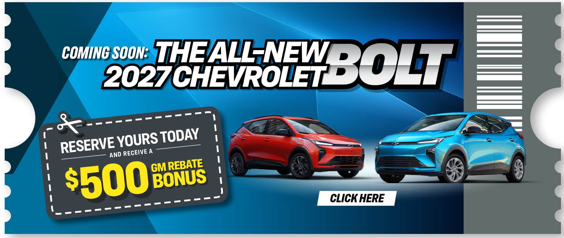 Announcement for the 2027 Chevrolet Bolt with pre-order bonus, featuring red and blue models.