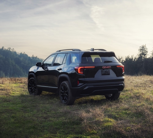 Black SUV parked in a grassy field with a forested hillside in the background under a cloudy sky.