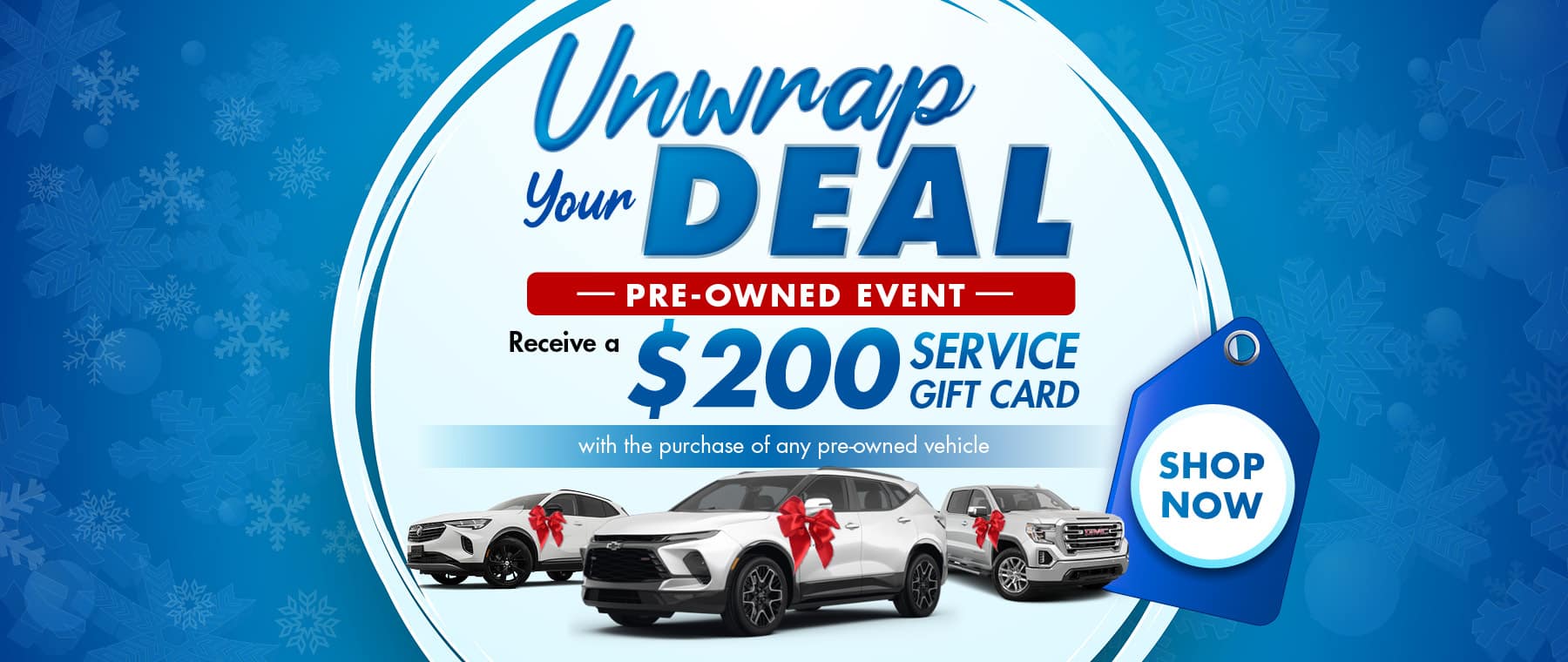 Pre-owned vehicle sale banner with $200 service gift card offer, featuring three cars.