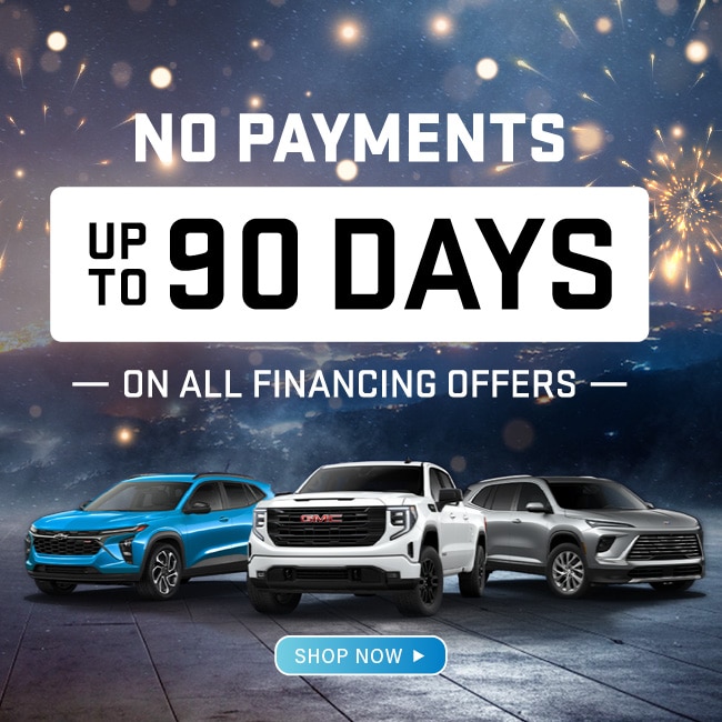 Car financing promo: "No payments up to 90 days" with three SUVs and fireworks background.