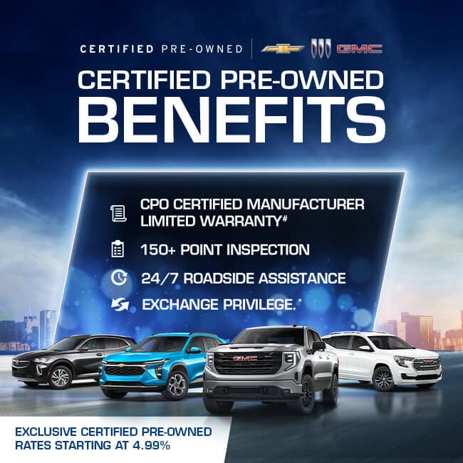 Certified pre-owned benefits ad, highlighting warranty, inspections, roadside assistance, and exchange privilege with SUVs.