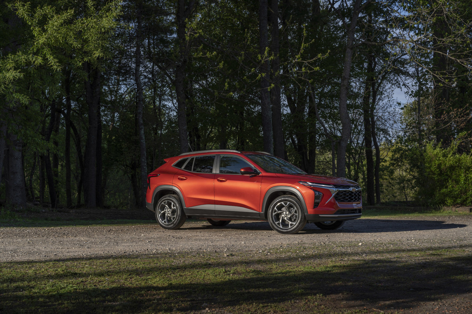 Red SUV parked on a dirt path in a wooded area, highlighted by natural sunlight.