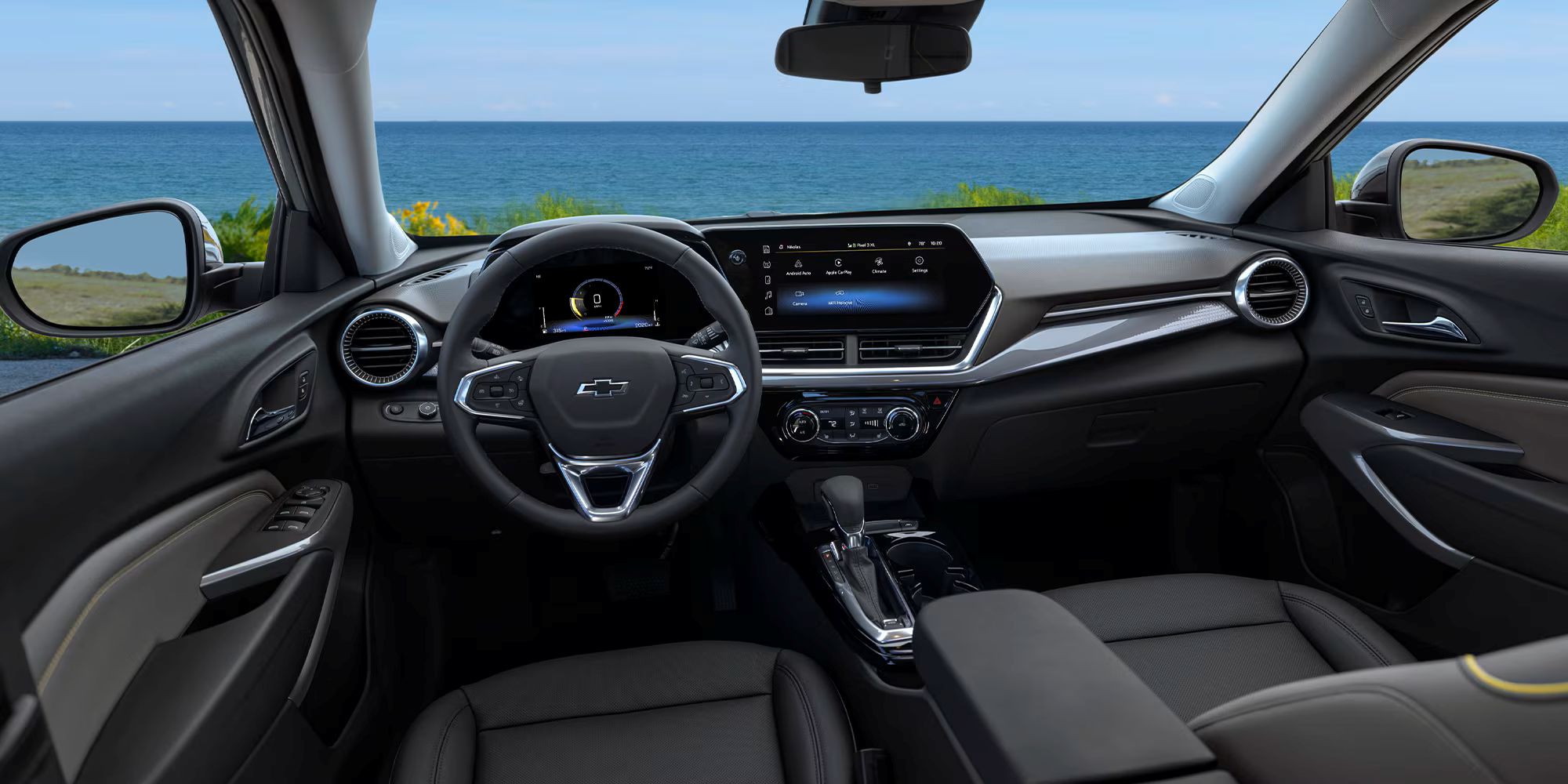 Modern car interior featuring a digital dashboard, sleek steering wheel, and plush leather seats.